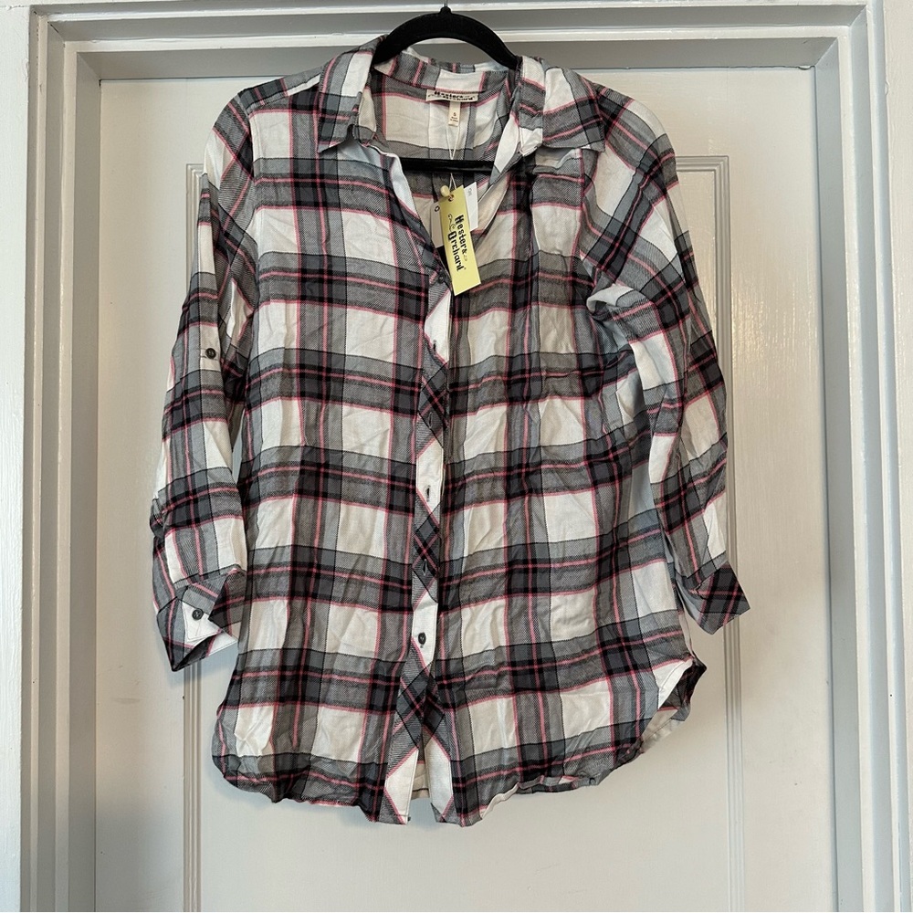 Hester and Orchard Shirt Womens S Small White Black Pink Flannel Plaid Collar